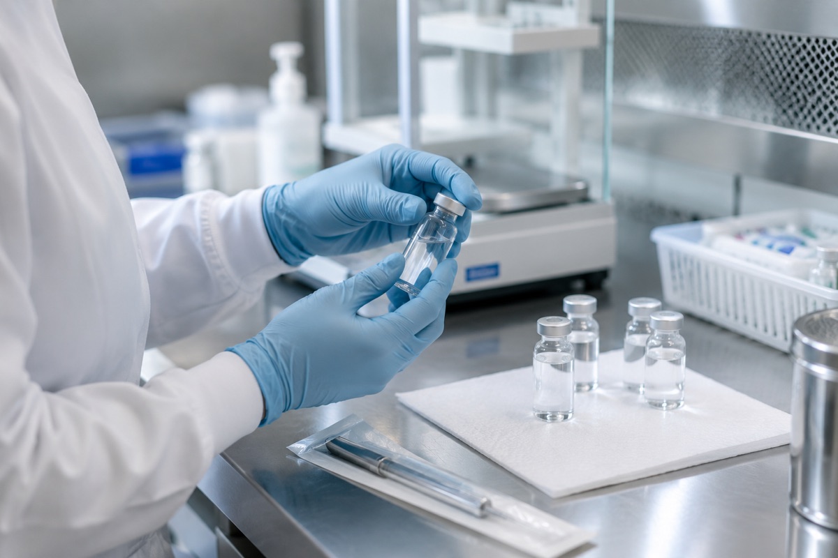 Una técnica de farmacia preparando viales de medicamento en un laboratorio estéril