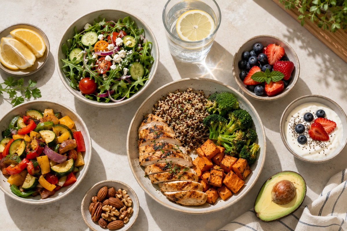 Un plato equilibrado y saludable, rico en proteínas, con verduras y fruta